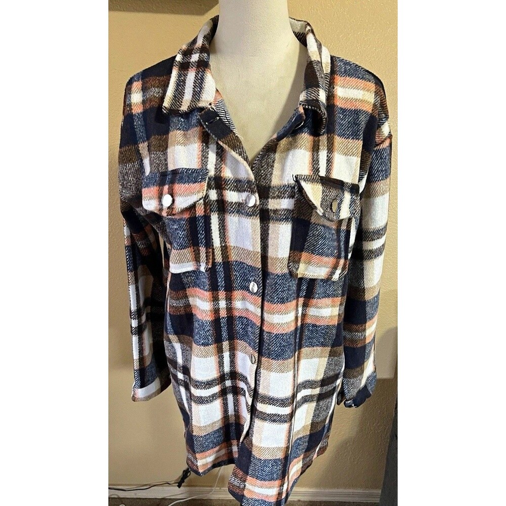 DOUBLJU Womens Plaid Button Front Shacket Jacket Collared Pockets Mid Navy